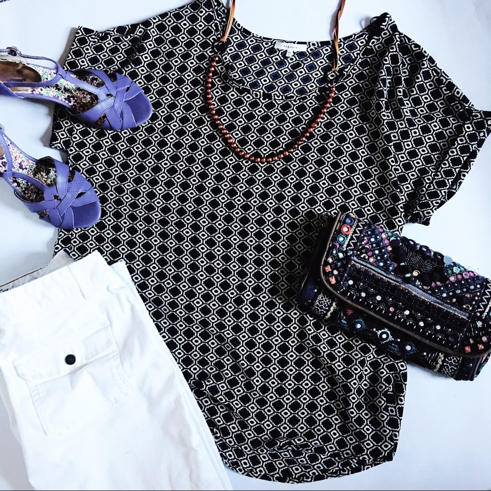 Pleione Black & Blue Short Sleeve Aztec Print Top